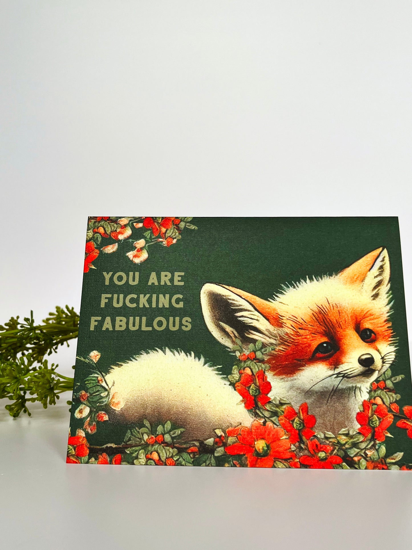 cute blank greeting note card fox you are fucking fabulous green red flowers pretty fancy fun animal nature forest mail celebration birthday surprise breakup coin laundry