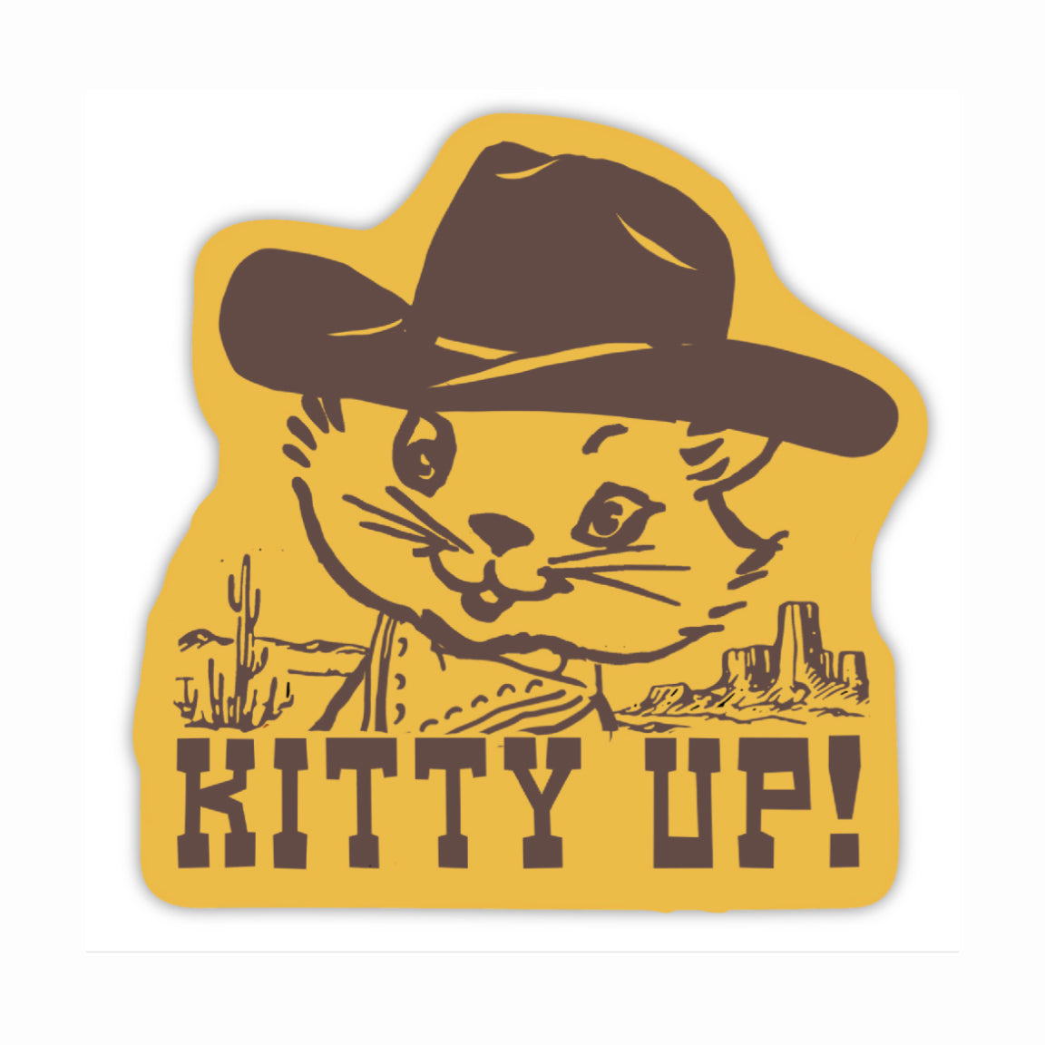 Sticker with a cat wearing a cowboy hat and 'Kitty Up!' text on a yellow background