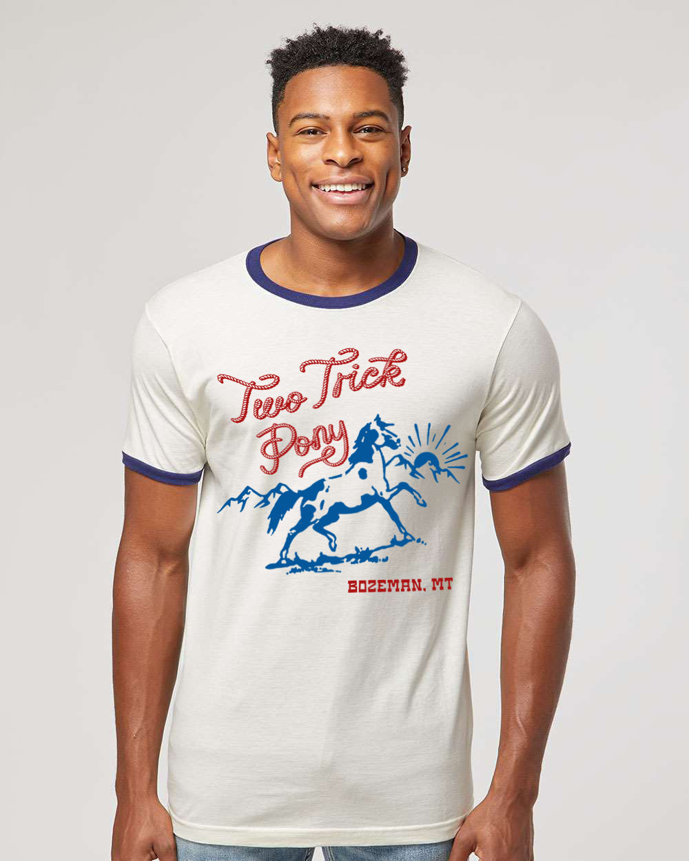 Two Trick Pony Horse Ringer Tee Blue/White