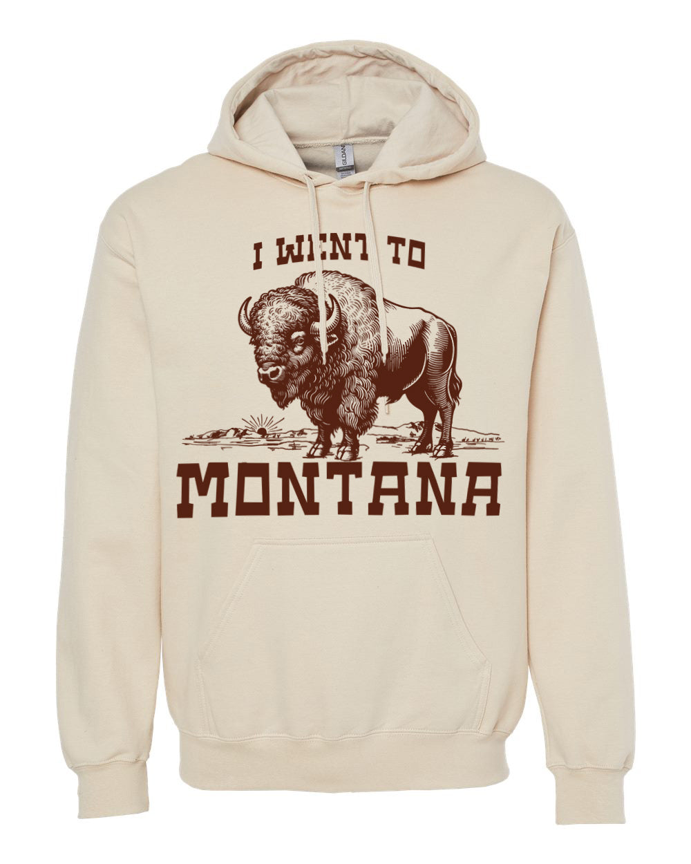 Beige hoodie with a graphic of a bison and text 'I Want to Montana' on a white background
