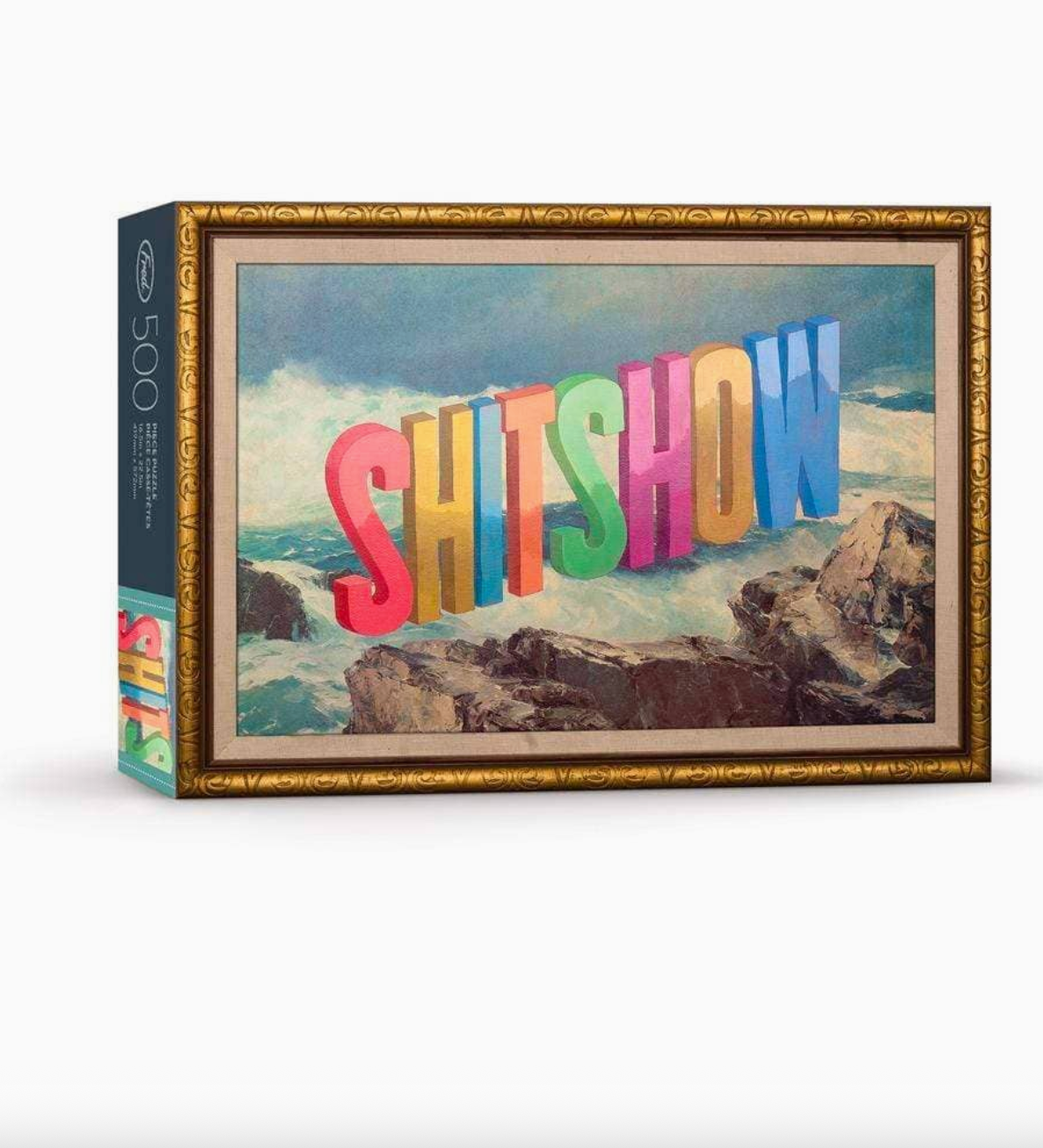 Puzzle box with 'SHITSHOW' text in colorful letters on a scenic background