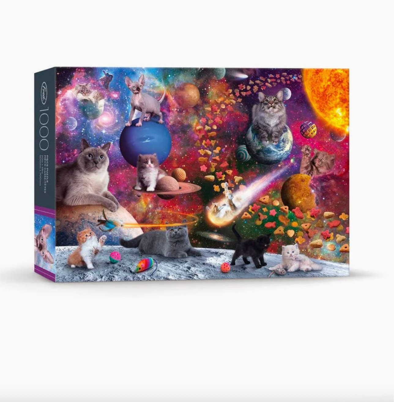 Jigsaw puzzle box with cats in a space-themed setting
