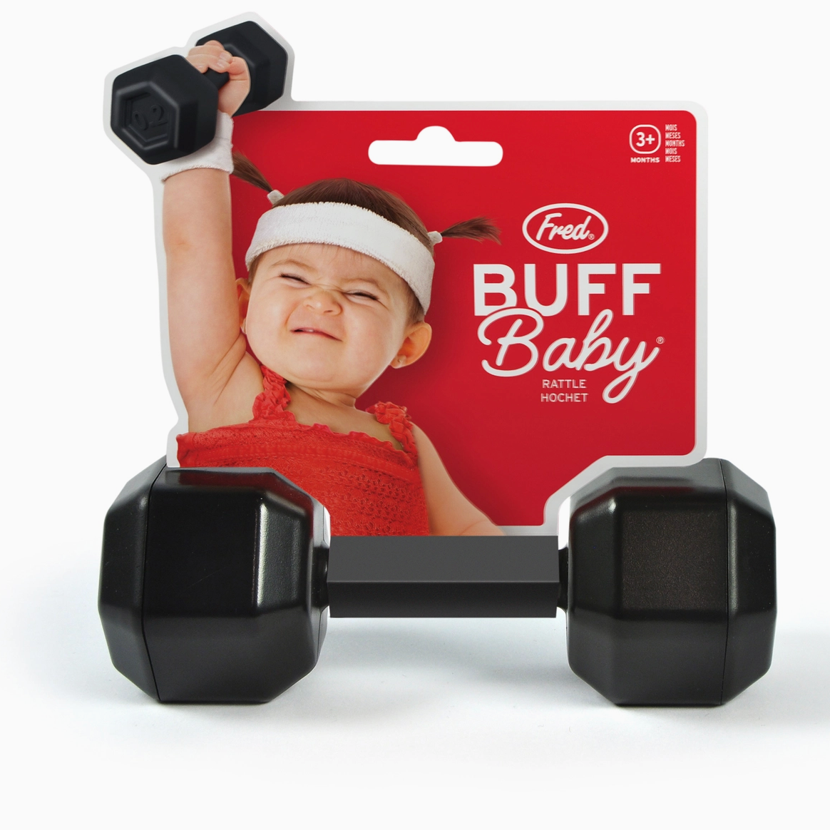 Black dumbbells with a 'Buff Baby' toy packaging featuring a child lifting weights.
