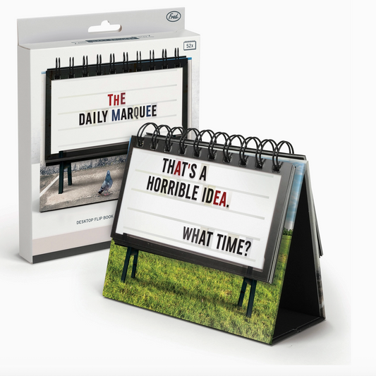 Desk calendar with quote 'That's a horrible idea. What time?' in front of packaging