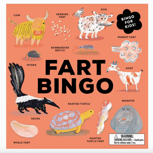 Fart Bingo game board with illustrations of animals and their farts on a pink background.