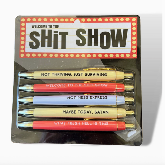 Packaged set of pens with humorous text on a white background