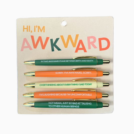 Pack of pens with humorous text on a beige backing card