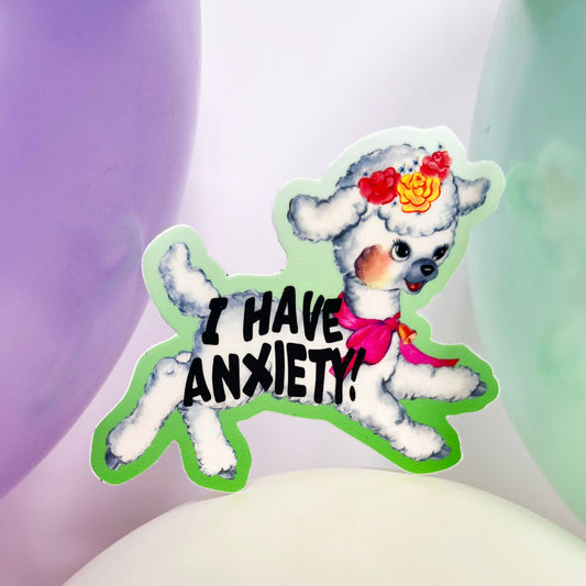Sticker of a lamb with 'I have anxiety' text on a colorful background