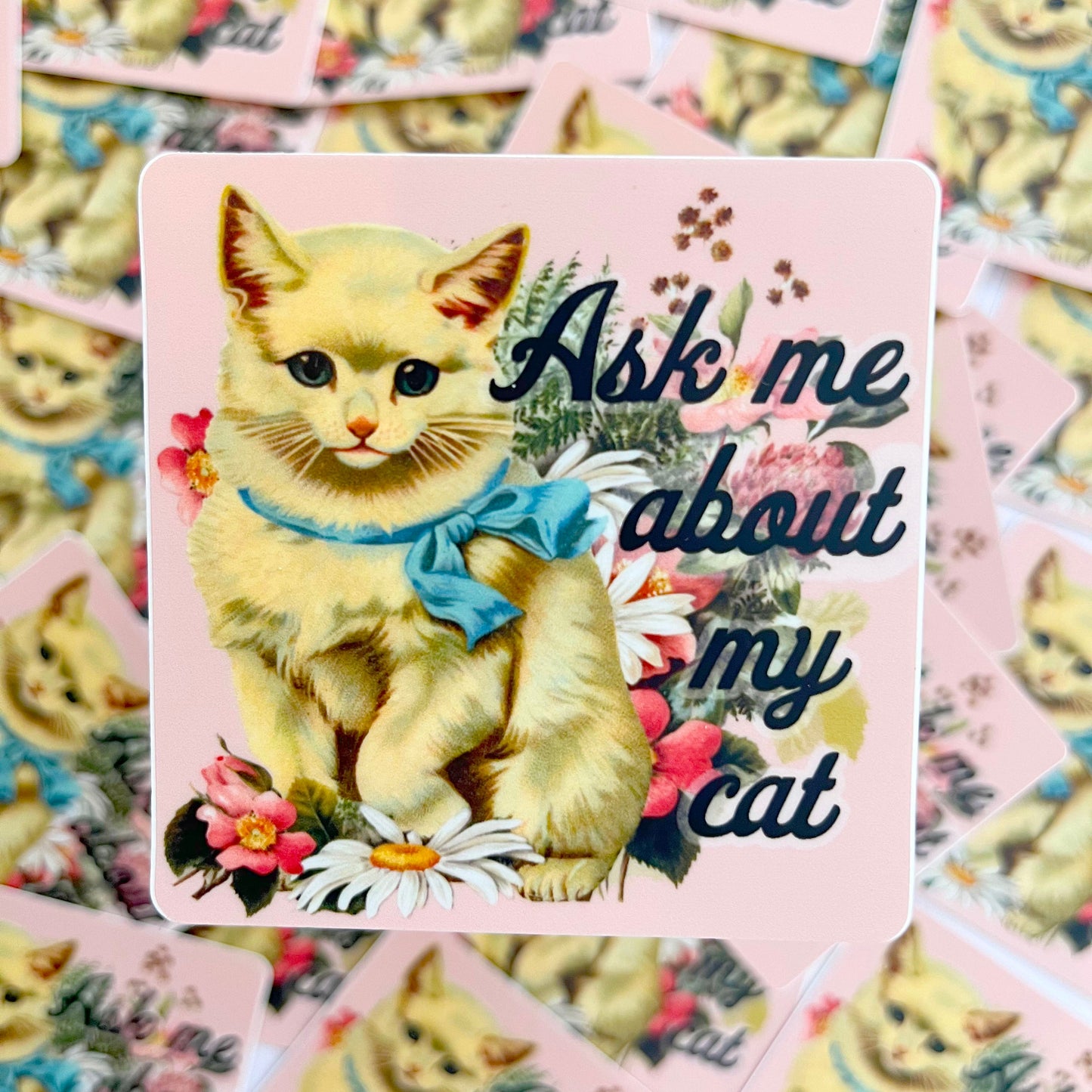 ask me about my cat cute sticker funny kitty stickers 80s cats decal fun stickers water bottle laptop kitten coin laundry montana cat mom gift cat dad gift