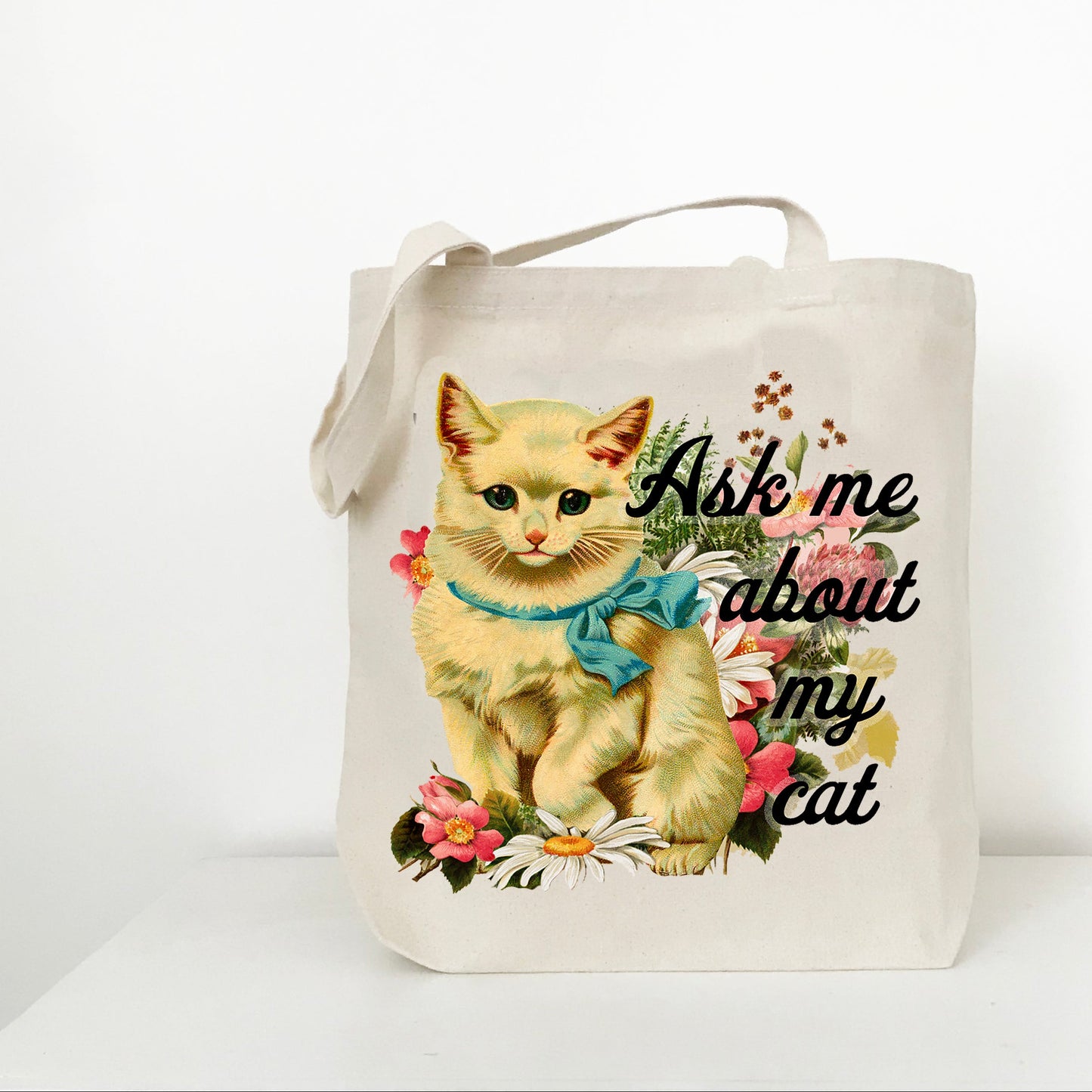 funny cat tote bag retro 80s 90s style cat with flowers tote bag reusable bag for shopping groceries cute cat mom kitty cat cat dad travel bag funny bag coin laundry montana ask me about my cat