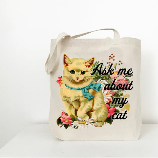 funny cat tote bag retro 80s 90s style cat with flowers tote bag reusable bag for shopping groceries cute cat mom kitty cat cat dad travel bag funny bag coin laundry montana ask me about my cat