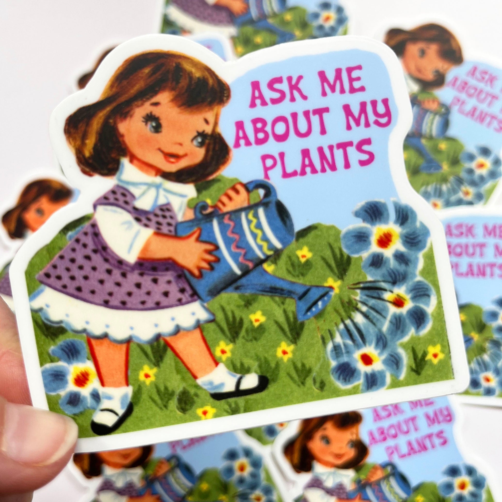 vintage style girl watering flowers funny sticker ask me about my plants plant mom plant dad cute funny stickers sticker decal vintage style coin laundry montana fun stickers plant lady
