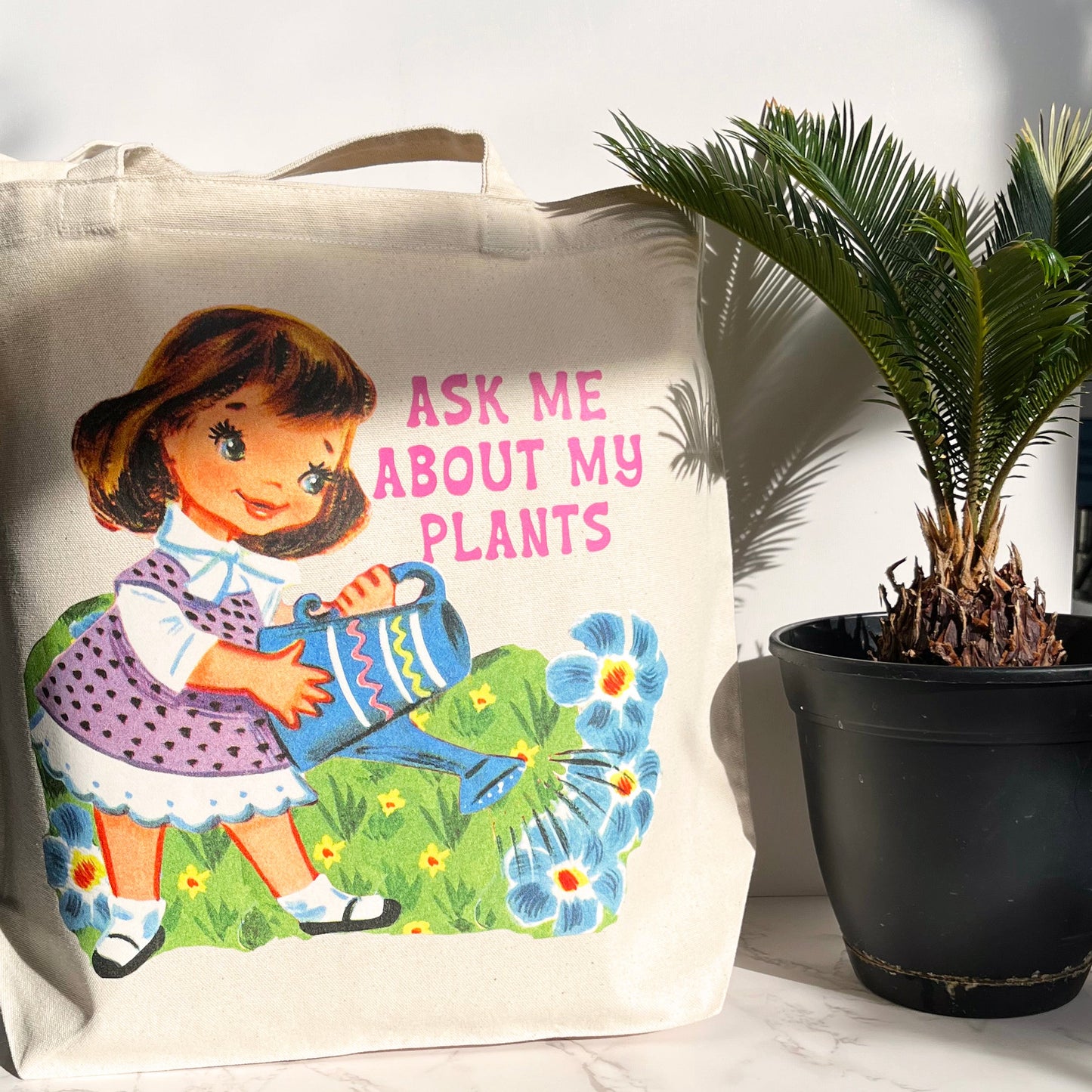 cute reusable tote bag cotton canvas retro girl with flowers ask me about my plants garden mothers day gift funny vintage style shopping bag coin laundry 