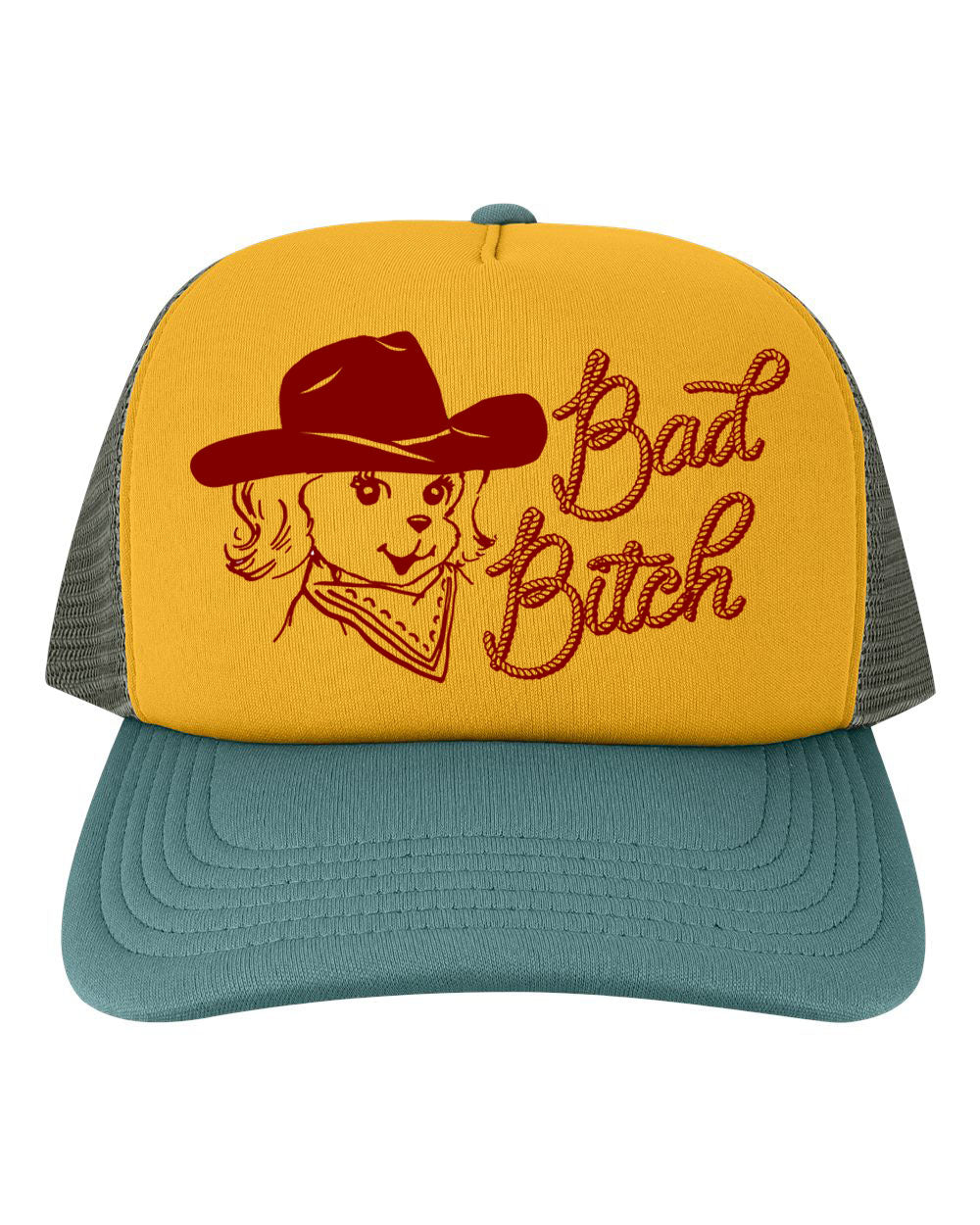 Yellow and green trucker hat with a dog graphic and “Bad Bitch” text on a yellow background