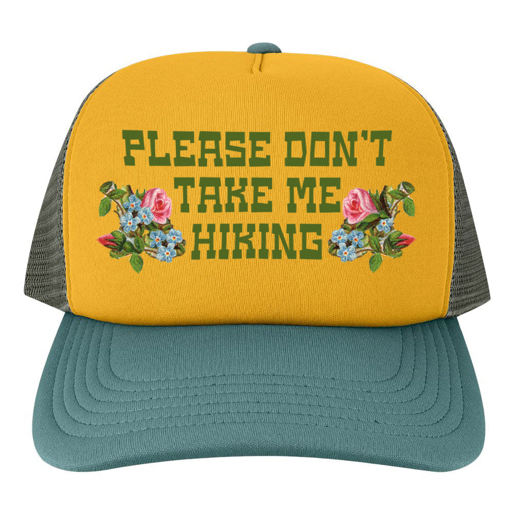 Yellow and teal cap with floral design and dont take me hiking text on a white background