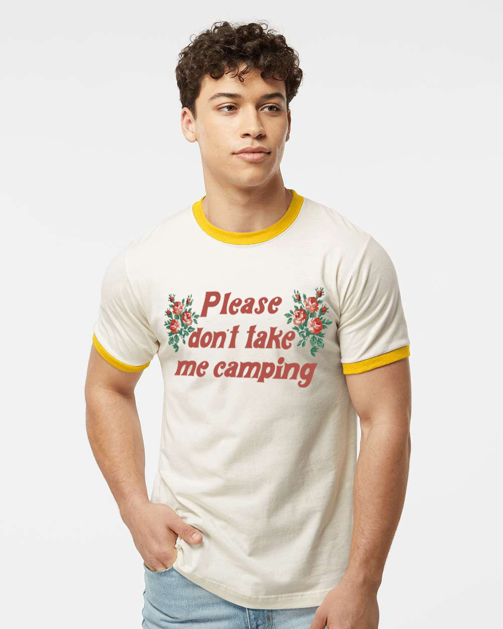 White t-shirt with yellow trim and red text 'Please don't take me camping'