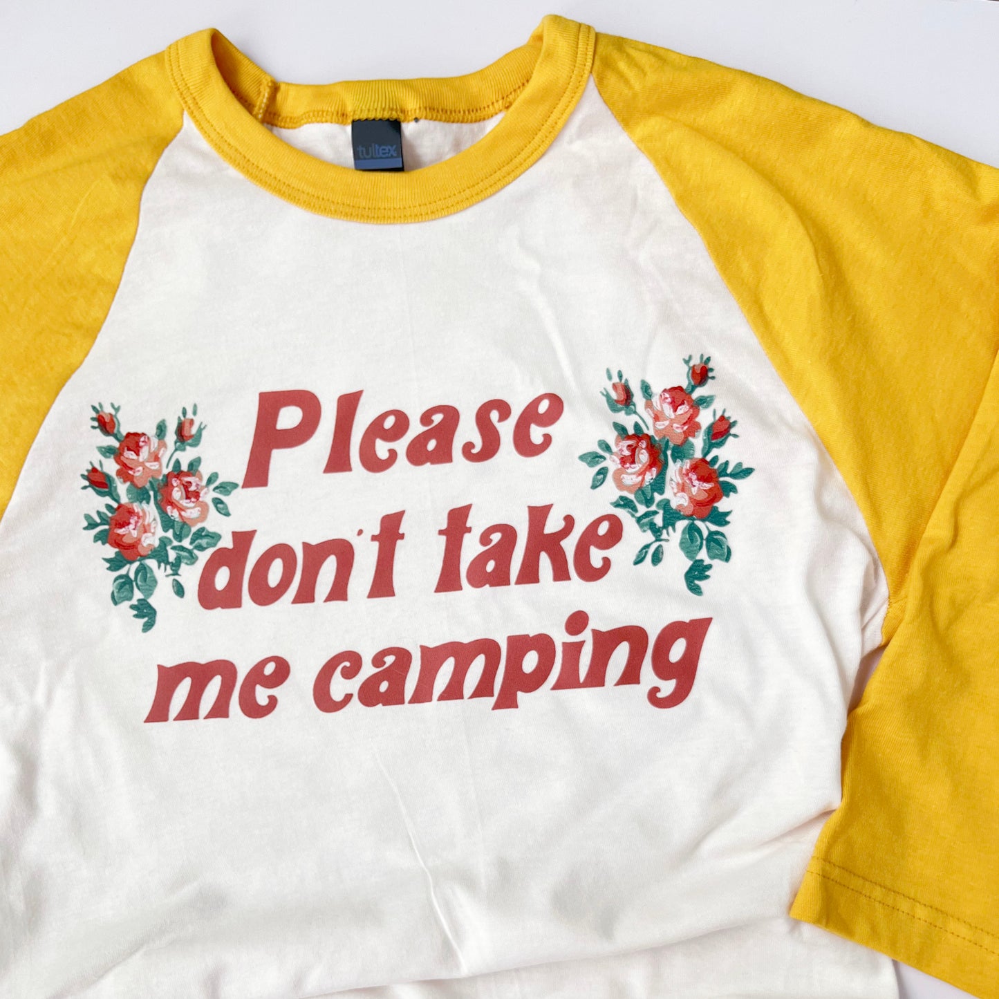 cute do not take me camping baseball raglan tee retro style sleeve shirt funny floral tee long sleeve fall winter spring style roses and 70s font vintage soft feel