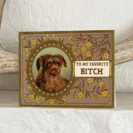 Card with a dog illustration and text 'To my favorite bitch' on a textured surface.