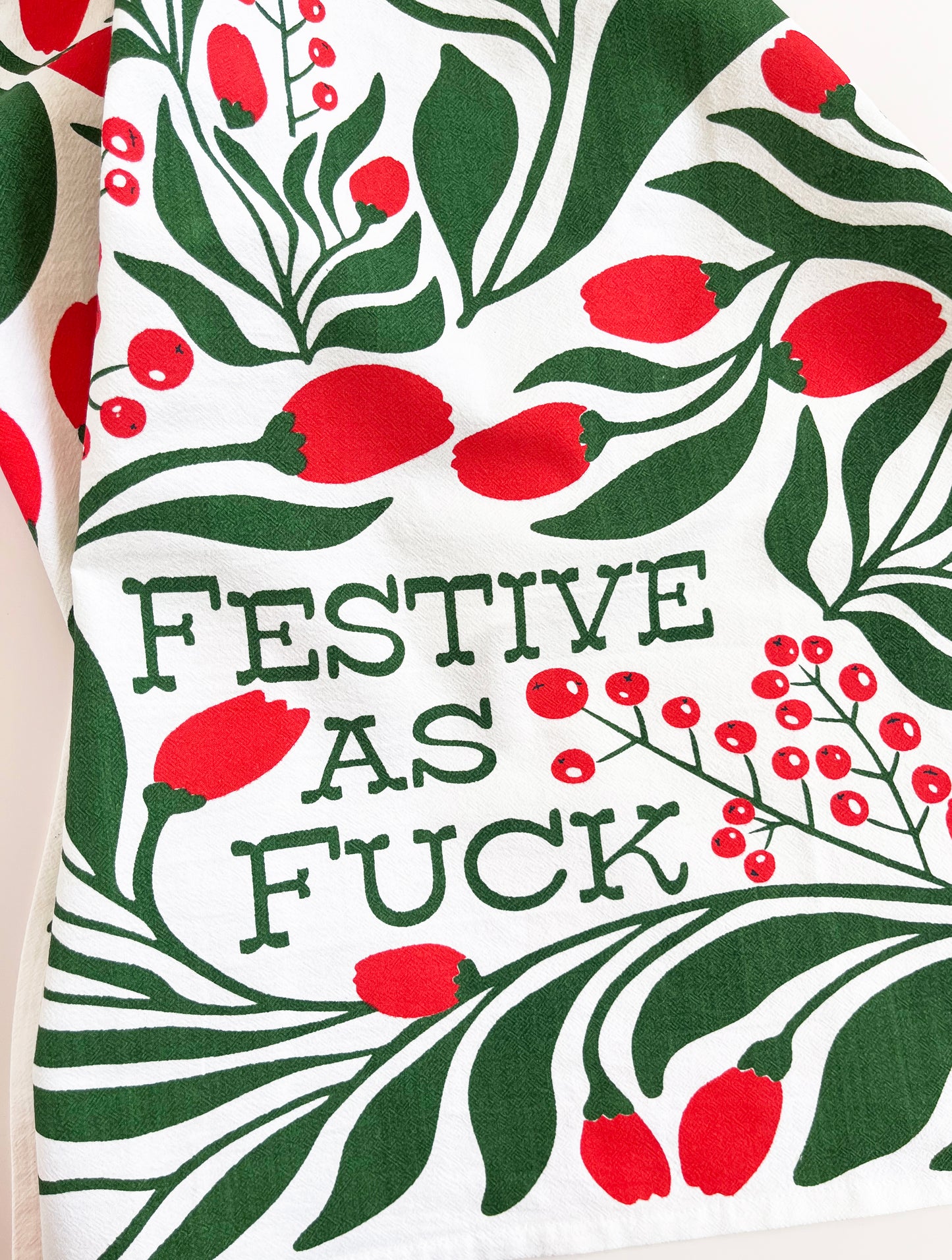 Festive As Fuck Kitchen Towel - Red Green Floral Print