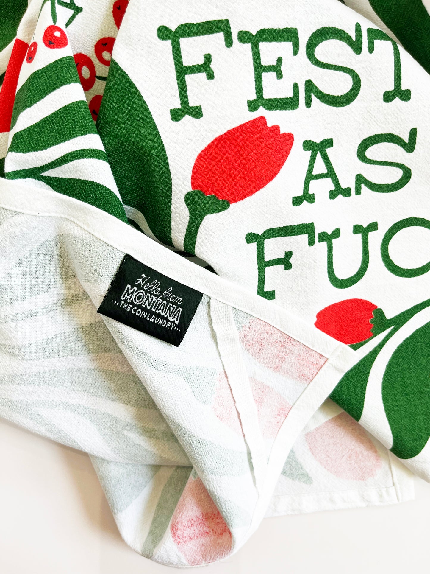 Festive As Fuck Kitchen Towel - Red Green Floral Print