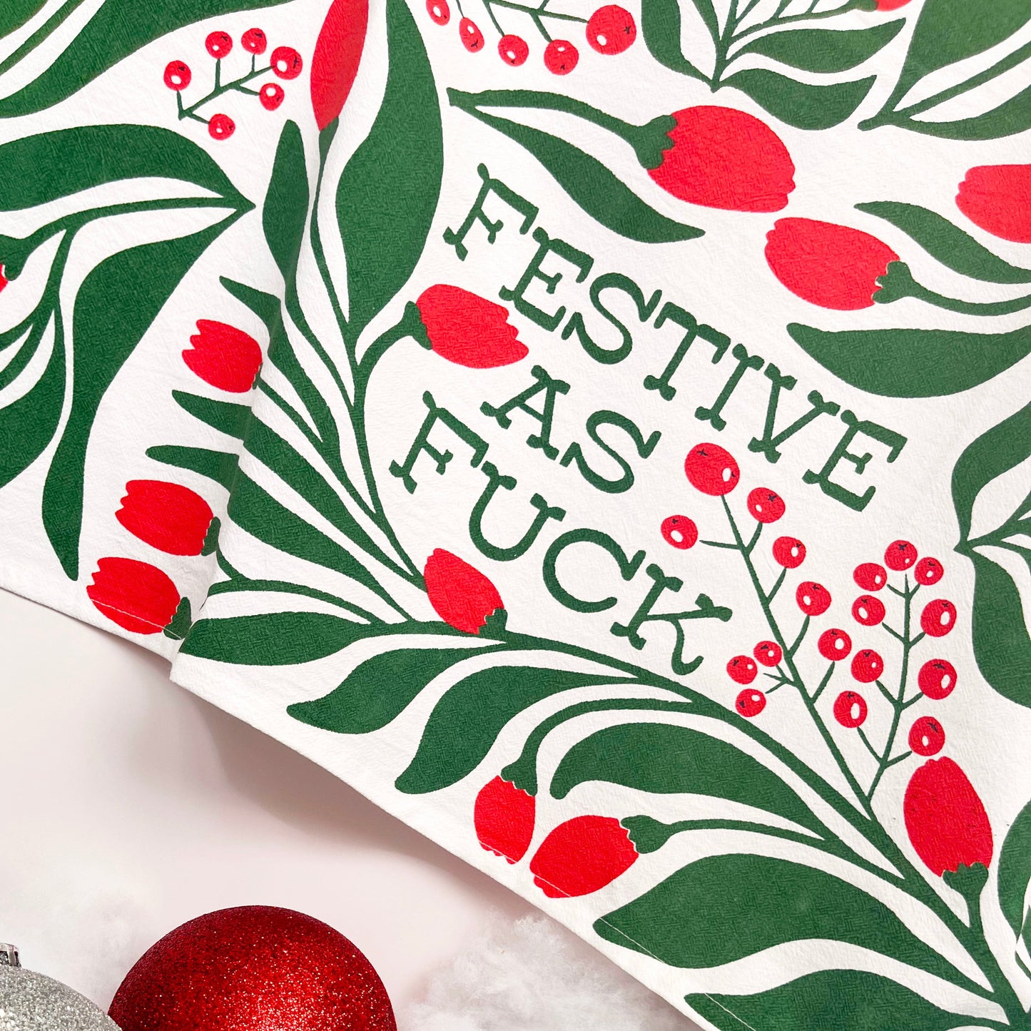 cotton kitchen towel festive as fuck af red green holiday christmas screen print coin laundry flowers xmas funny decor gift secret santa white elephant coin laundry screen print printed towel