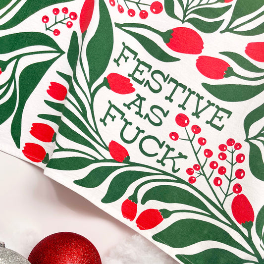 cotton kitchen towel festive as fuck af red green holiday christmas screen print coin laundry flowers xmas funny decor gift secret santa white elephant coin laundry screen print printed towel