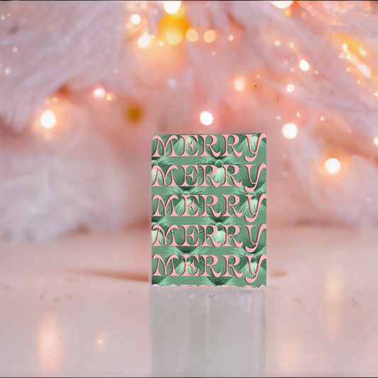 Green card with 'MERRY' text against a festive background with lights and white decorations.