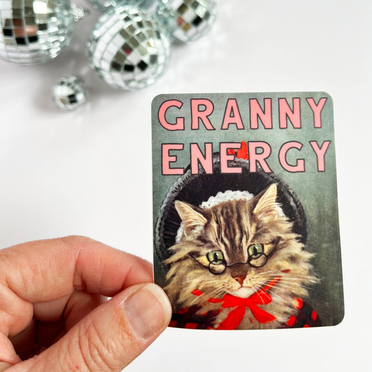 silly fun funny granny energy high quality vinyl sticker water bottle laptop car notebook journal coin laundry kitten cat kitty in vintage hat glasses grandmacore cottagecore farm garden sustainable living homemade crafts montana 