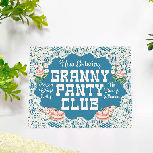 Card with 'Granny Panty Club' with floral and lace design elements.