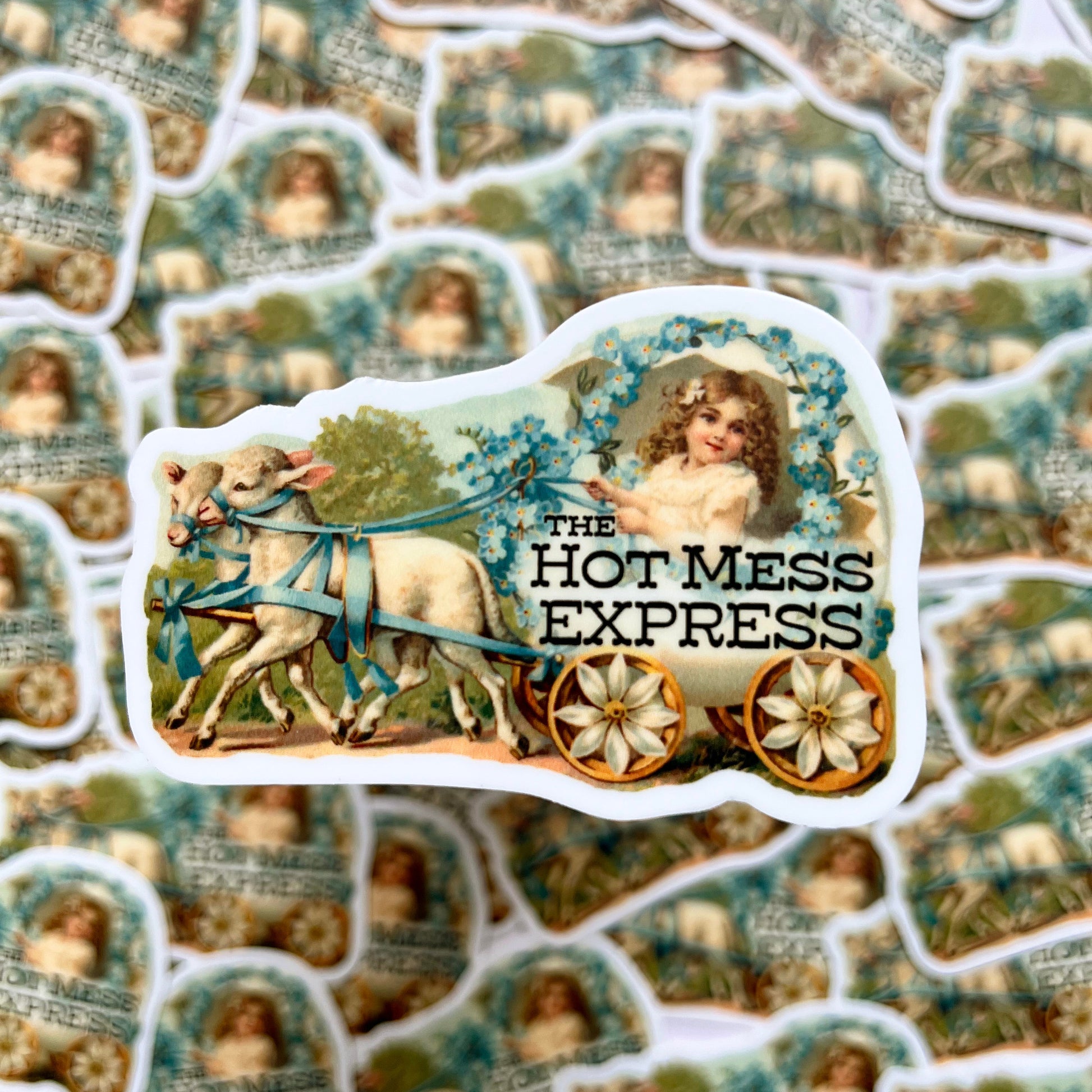 funny vintage sticker the hot mess express girl riding in carriage with lambs floral blue green pretty funny stickers coin laundry montana