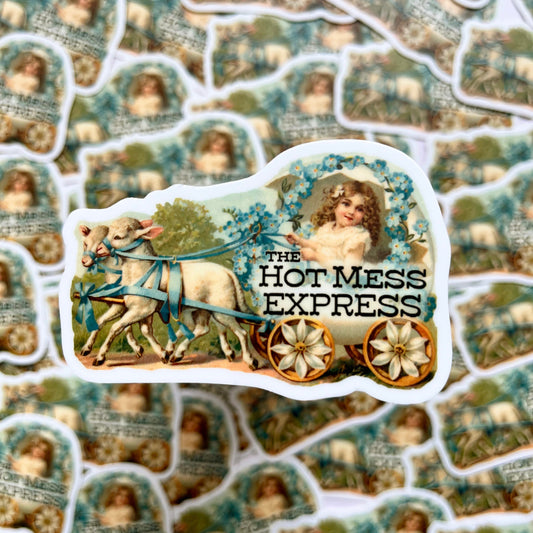 funny vintage sticker the hot mess express girl riding in carriage with lambs floral blue green pretty funny stickers coin laundry montana