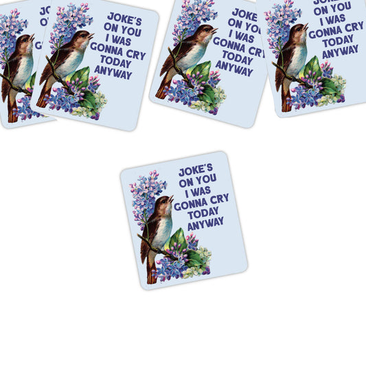 Funny sticker with birds and flowers, featuring humorous text Jokes on you I was going to cry anyway 