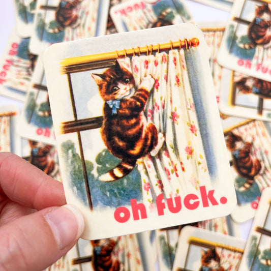 funny sticker of cat climbing up curtains oh fuck vintage style sticker cat climbing up curtain oh fuck funny stickers coin laundry montana