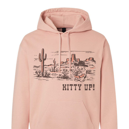 Pink hoodie with desert graphic and 'KITTY UP!' text on a white background