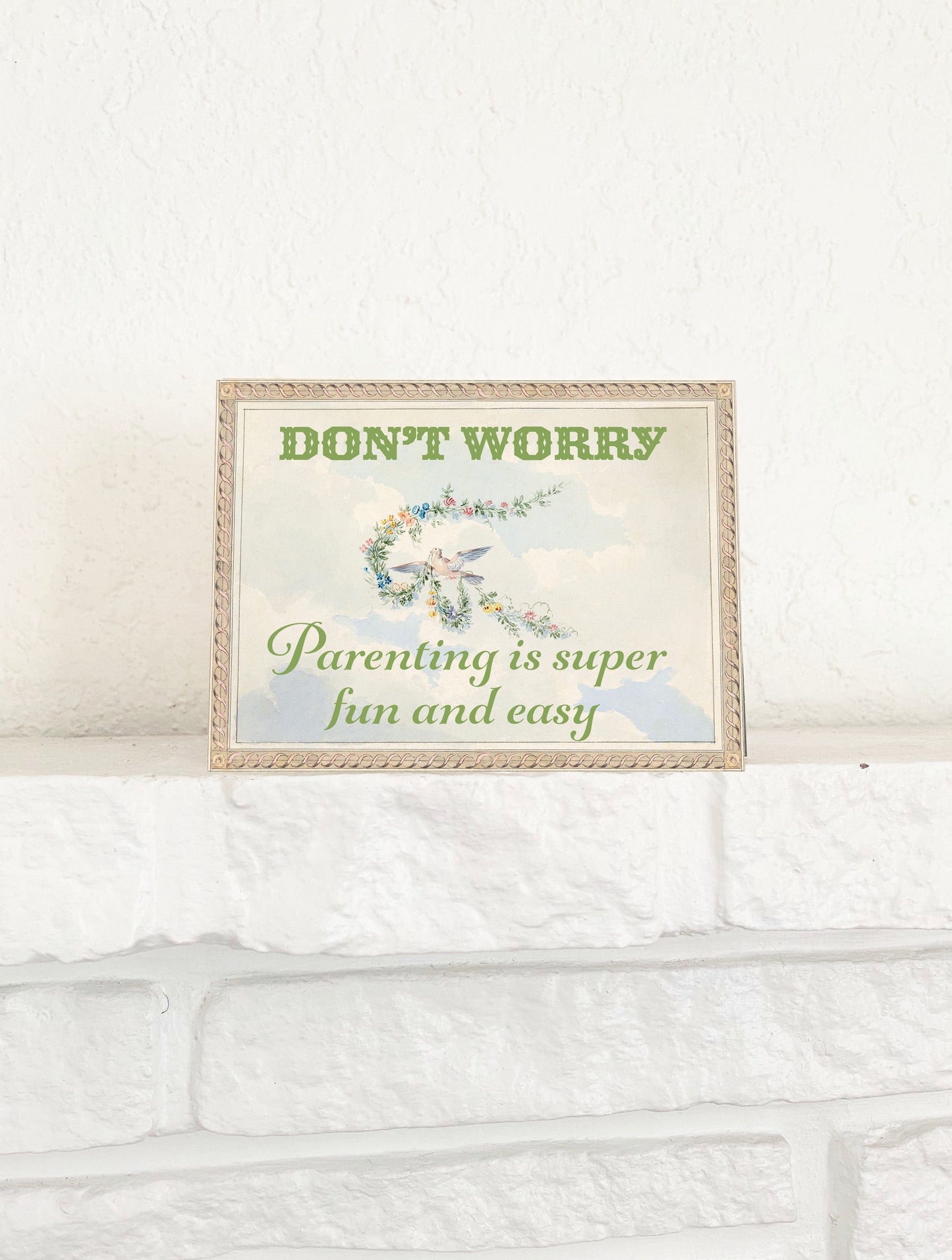 Card with floral design and text on a white background. Parenting new parents baby mother Mother’s Day new baby family funny 