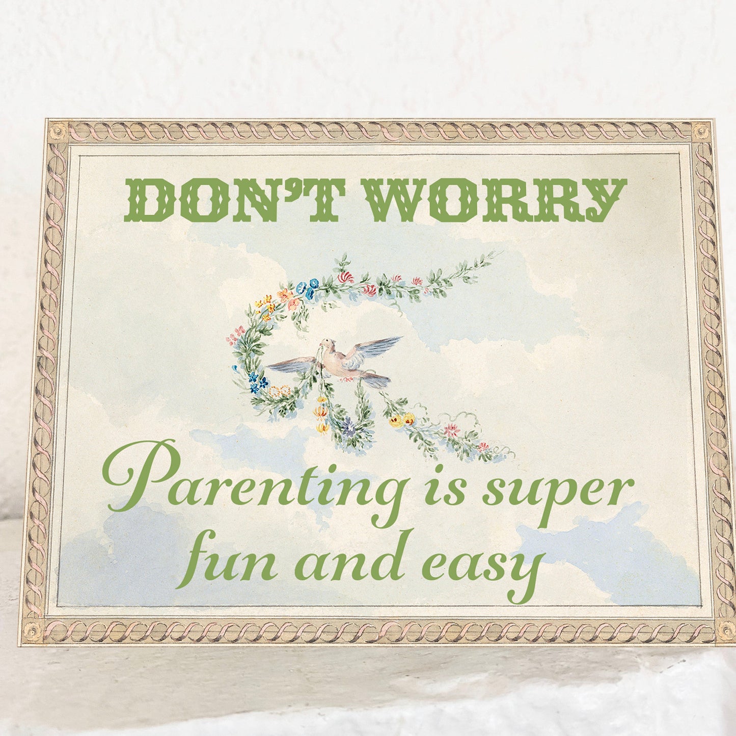 Card with floral design and text on a white background. Parenting new parents baby mother Mother’s Day new baby family funny 