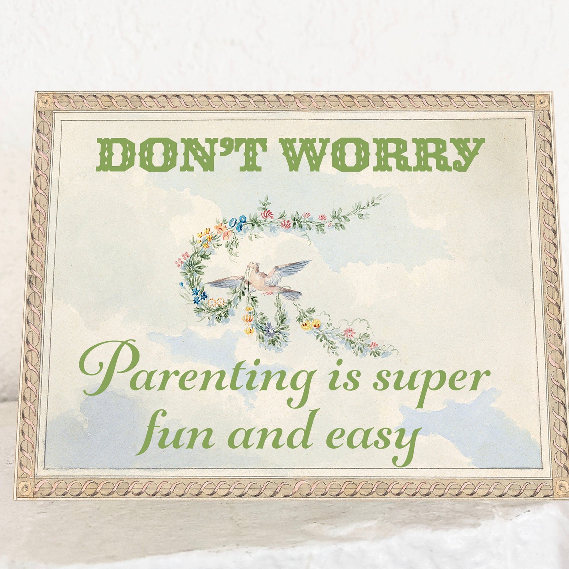 Card with floral design and text on a white background. Parenting new parents baby mother Mother’s Day new baby family funny 