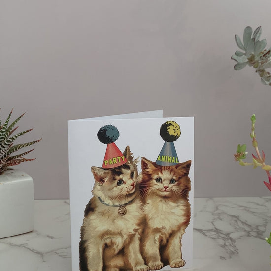 Greeting card with vintage kitties wearing party hats. One hat says, "Party" and the other hat says "Animal." Great for any occasion, birthdays, anniversaries, celebrations, or just because. Blank inside. 