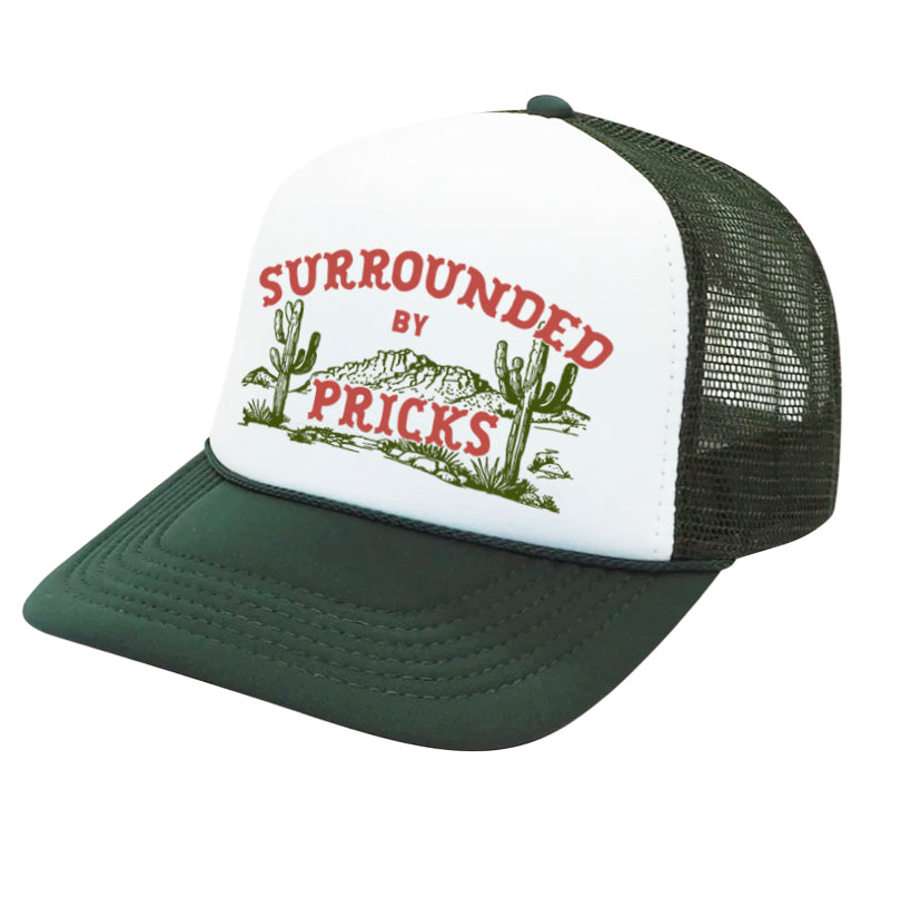 trucker hat white and green with surrounded by pricks graphic printed on it cactus baseball hat