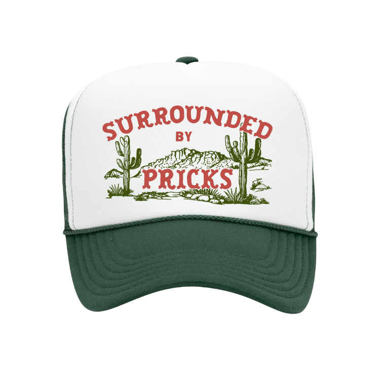 Trucker hat with 'Surrounded by Pricks' text and cactus graphics on a white background