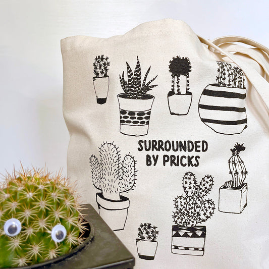funny cotton canvas durable tote bag surrounded by pricks gardening gift cactus desert house plant garden succulent coin laundry montana screen print