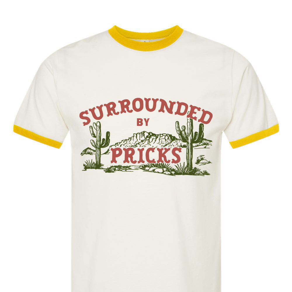 White t-shirt with red text and cactus graphics on a white background