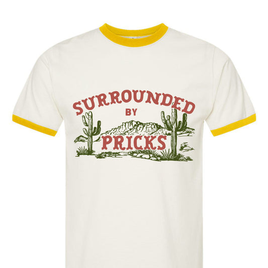 White t-shirt with red text and cactus graphics on a white background