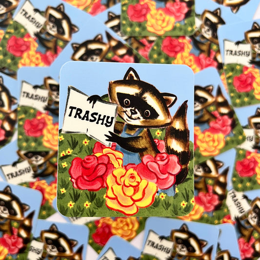 funny sticker with a raccoon holding a sign that says trashy cute trashy raccoon with flowers vintage style fun coin laundry stickers montana 