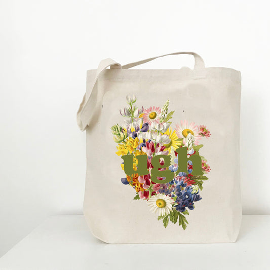 Ugh funny tote bag with colorful flowers retro screen print cute reusable shopping bag cotton canvas coin laundry pretty carry on bag beach tote