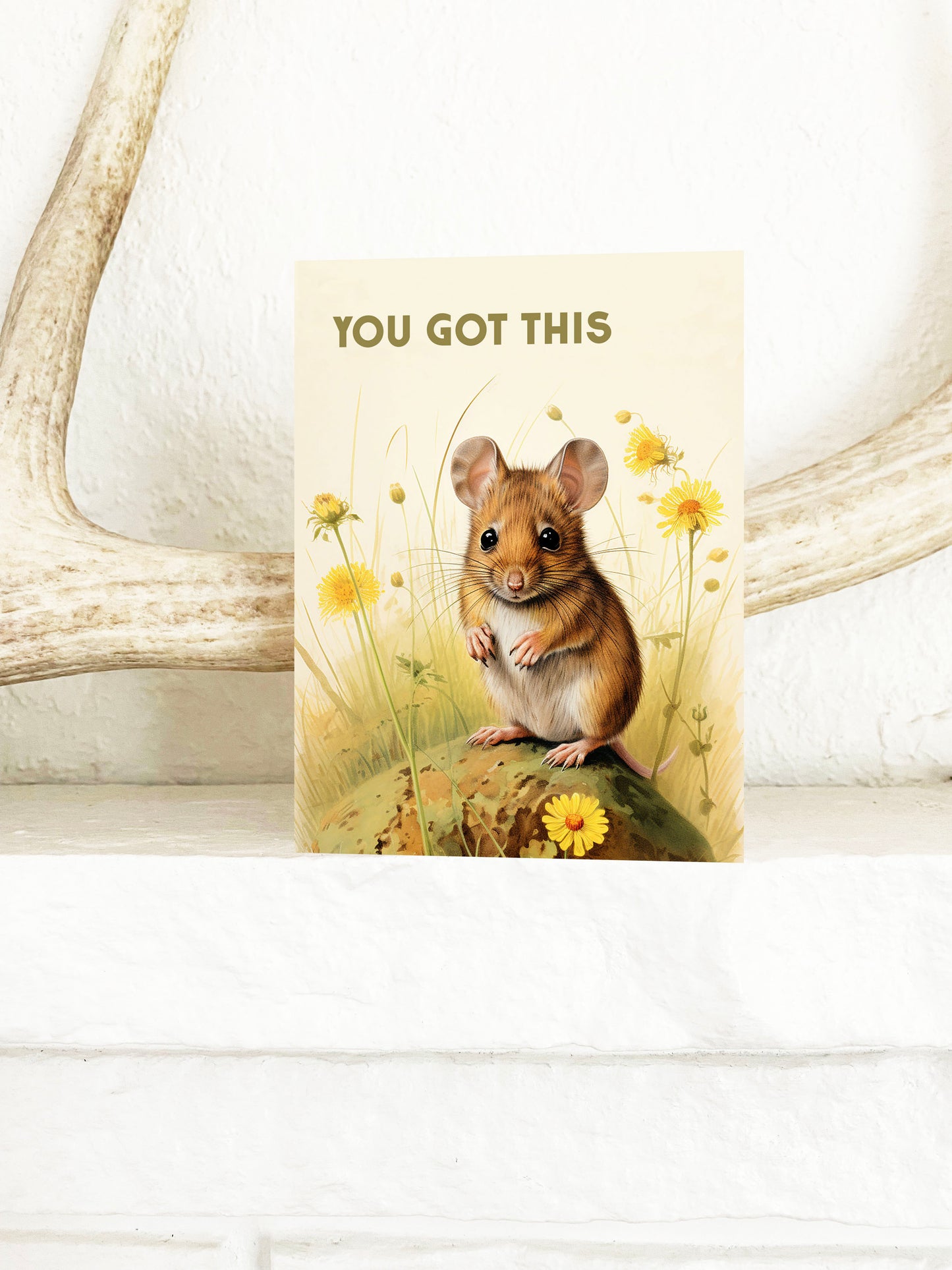 Greeting card that says “You got this” with a mouse in a field of flowers.