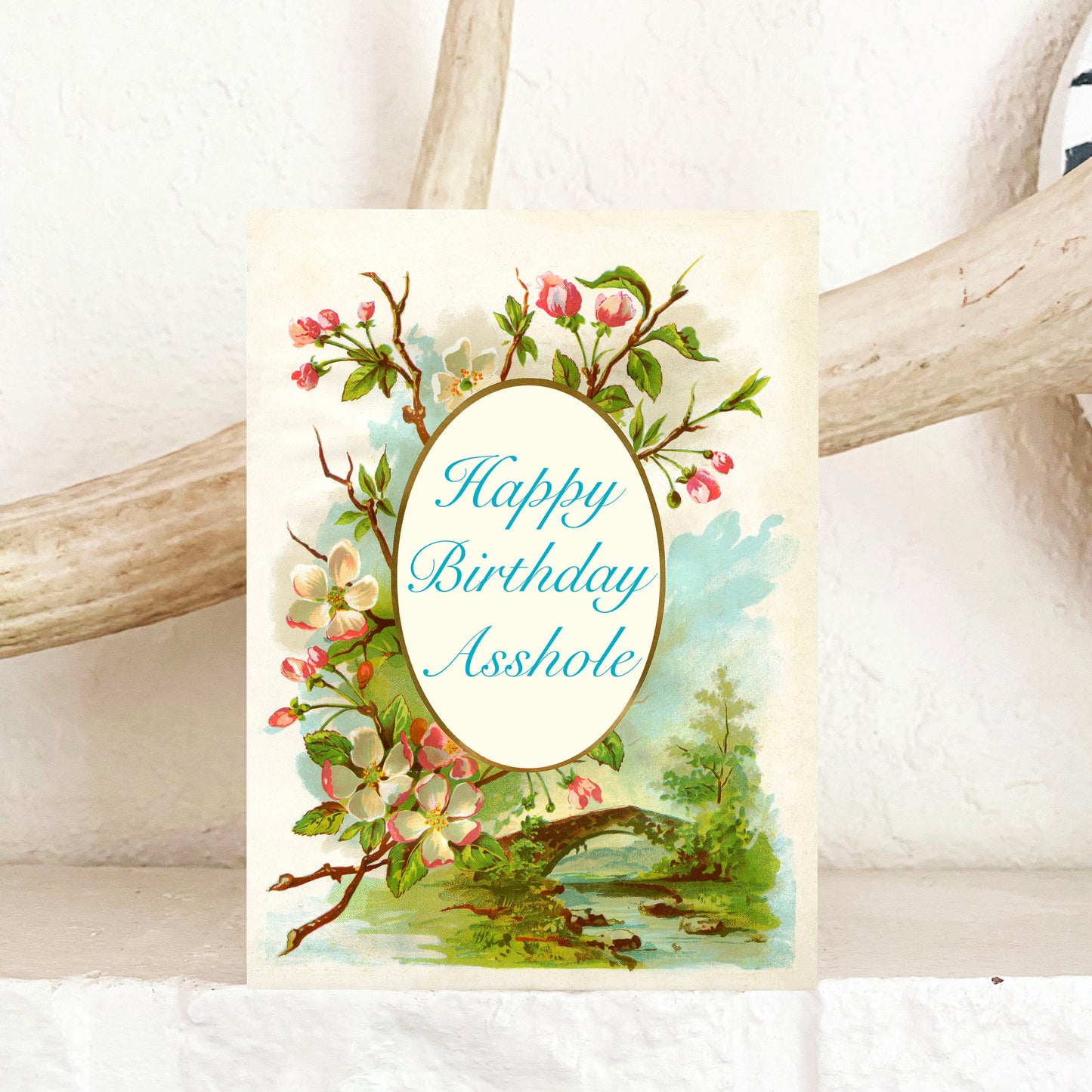 fun funny birthday card happy birthday asshole on front blank inside snarky message adorable cottagecore victorian classic pretty outdoor scene bridge over water blank inside coin laundry friend nemesis frenemy boss coworker grumpy person joke 