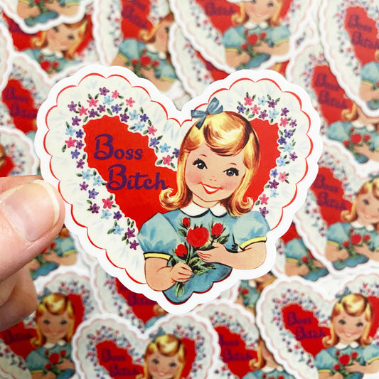funny vintage valentine style sticker red heart purple pink flowers cute retro style girl smiling with funny text boss bitch coin laundry fun sticker