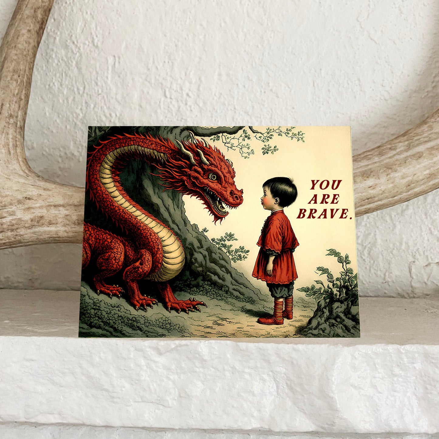 red dragon with child brave bravery woodland forest cute retro woodland card you are brave get well card