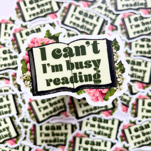 funny sticker i can't i'm busy reading book flowers pink yellow green open book vintage style sticker decal coin laundry montana